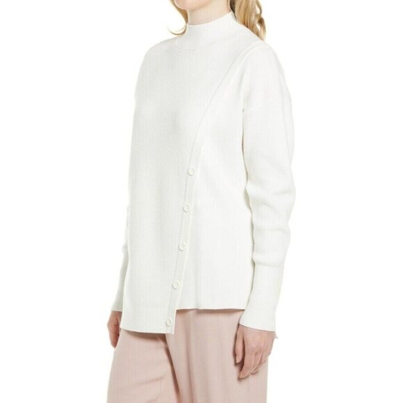 𝅺halogen BNWT sz Large womens Ivory ribbed sweater NEW mock neck button detail - Picture 8 of 9